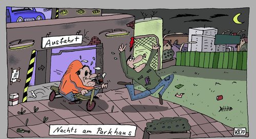 Cartoon: Nachts am Parkhaus (medium) by Leichnam tagged nacht,nachts,parkhaus,dreirad,flucht,sonnenbrille,mond,erschrocken,entsetzen