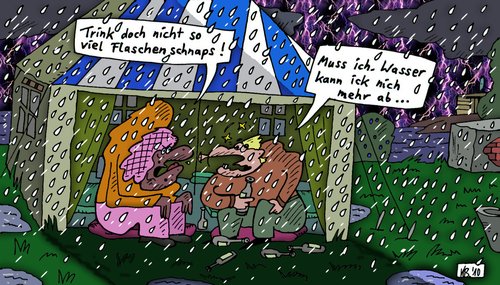 Cartoon: Nich mehr ab ... (medium) by Leichnam tagged wasser,regen,schnaps,flaschen,urlaub,leichnam,trinken,unleidig