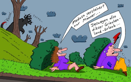 Cartoon: nur (medium) by Leichnam tagged urlaub,nur,männer,medusa,griechenland,sagengestalt,mythologie,versteinern,versteinerung,leichnam,leichnamcartoon,schlangenhaar