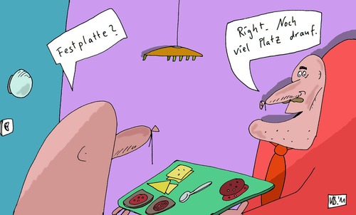 Cartoon: Platz (medium) by Leichnam tagged platz,leichnam,festplatte,kalauer,käse,wurst,brot,tablett,fest,feier,right,viel