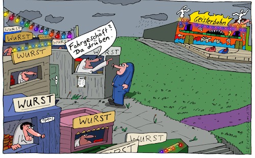 Cartoon: Rummel (medium) by Leichnam tagged rummel,schausteller,wurst,verkauf,buden,geisterbahn,fahrgeschäft,leichnam,leichnamcartoon