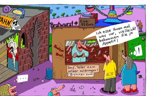 Cartoon: Rummelplatz (medium) by Leichnam tagged rummelplatz,kirmes,bratwurst,annabergerkät,appetit,verkauf,bude,speise,wucher,leichnam,leichnamcartoon