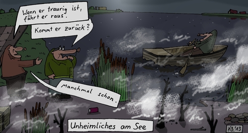 Cartoon: Schauergeschichte (medium) by Leichnam tagged schauergeschichte,boot,rudern,see,wasser,traurig,melancholisch,nebel,manchmal,schon,rückkehr,unheimliches,grauen,grusel,geister,gespenster