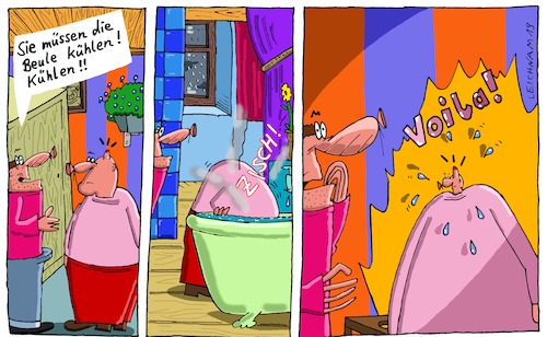 Cartoon: Sie müssen! (medium) by Leichnam tagged müssen,kopf,beule,kühlen,wasser,kalt,klain,voila,zisch,leichnam,leichnamcartoon,leichnamcomic