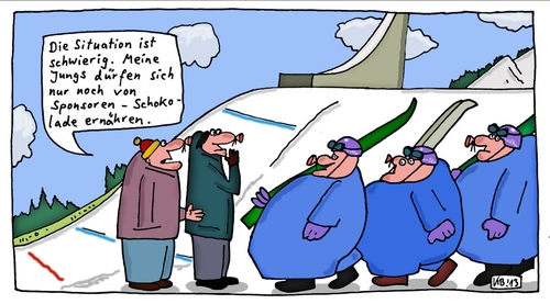 Cartoon: Situation (medium) by Leichnam tagged sponsor,schokolade,wettkampf,wintersport,skispringen,dick,fett,übergewicht,ernährung,trainer,sorge