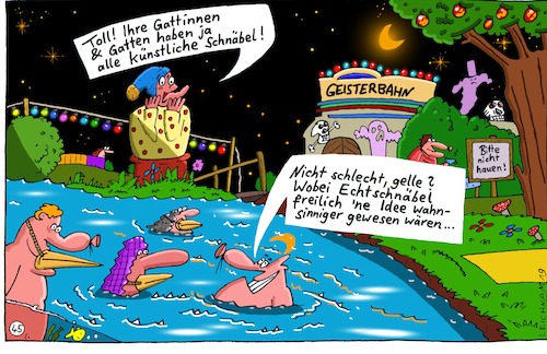 Cartoon: Toll! (medium) by Leichnam tagged toll,wasser,lichterkette,schnäbel,begeisterung,leichnam,leichnamcartoon