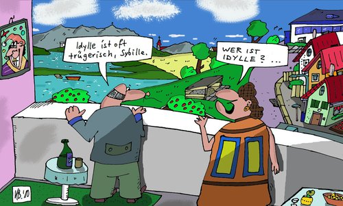 Cartoon: Trugschluss (medium) by Leichnam tagged idylle,sybille,trügerisch,landschaft,urlaub,ehe,misstrauen