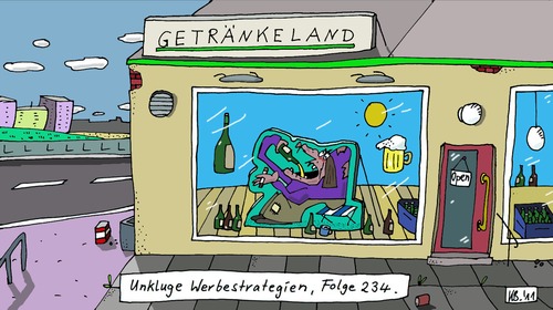 Cartoon: Unklug (medium) by Leichnam tagged unklug,leichnam,getränkeland,sauferei,säufer,pappfigur,pappschild,geschäft,laden,sommer,werbung,strategie,bier