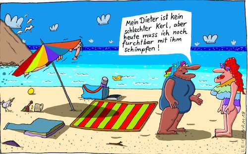 Cartoon: Urlaub (medium) by Leichnam tagged urlaub,freizeit,sonne,strand,meer,sonnenschirm,dieter,versteck,gattin,schimpfen,angst,leichnam,leichnamcartoon