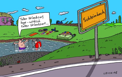 Cartoon: Urlaubsort (medium) by Leichnam tagged urlaubsort,inge,schleimbach,toll,baden,plantschen,freizeit,entsetzen,schleim