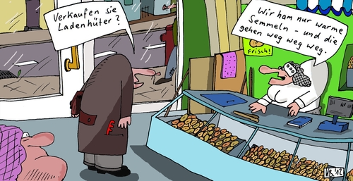 Cartoon: Verkäuferin (medium) by Leichnam tagged verkäuferin,ladenhüter,warme,semmeln,weg,ladengeschäft,bäcker,anfrage