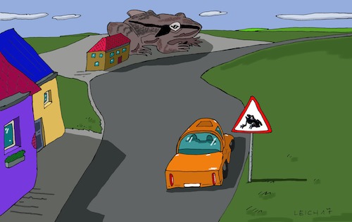 Cartoon: Verkehrsschild (medium) by Leichnam tagged verkehrsschild,lurch,kröte,riesig,gigant,automobil