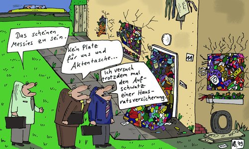 Cartoon: verstopftes Haus (medium) by Leichnam tagged verstopft,haus,messie,vertreter,versicherung,hausratversicherung,aufschwatzen