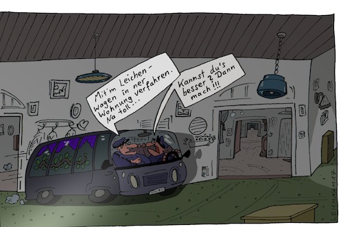 Cartoon: Wagen (medium) by Leichnam tagged wagen,leichenwagen,leichenfahrer,leichnamcartoon,verfahren,umherirren,na,toll,dann,mach,wohnung