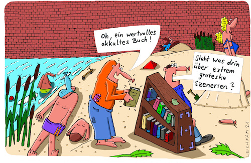 Cartoon: Wasser (medium) by Leichnam tagged wasser,strand,szenerie,okkult,buch,fund,regal,leichnam,leichnamcartoon,inhalt