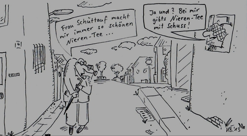 Cartoon: Wenn das Leben sich neigt ... (medium) by Leichnam tagged nierentee,schüttauf,schuss,getränk