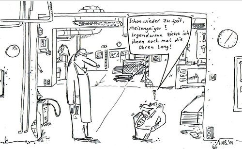 Cartoon: Werkhalle (medium) by Leichnam tagged werkhalle,zu,spät,meisengeiger,boss,chef,untergebener,arbeiter,worker,maloche,ohren,langziehen