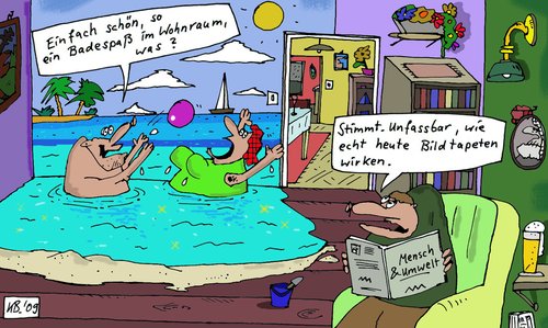 Cartoon: Wohnzimmer (medium) by Leichnam tagged wohnzimmer,wohnraum,urlaub,sonne,meer,unfassbar,bildtapete,badespaß