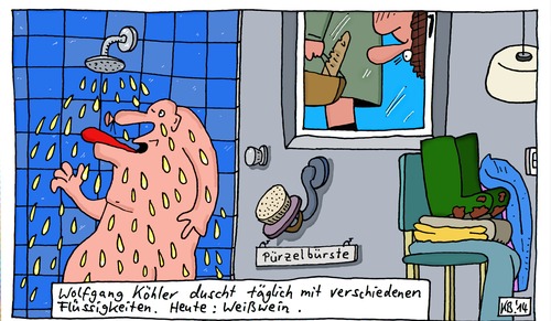 Cartoon: Wolfgang (medium) by Leichnam tagged wolfgang,köhler,dusche,weißwein,lechz,schmeckt,gut,körperhygiene,sauberkeit,frische,badezimmer