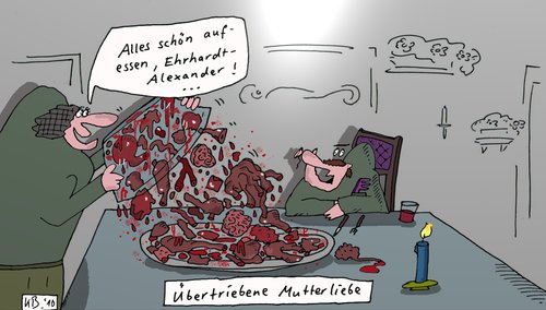 Cartoon: Zu Tische (medium) by Leichnam tagged tisch,mutter,mutterliebe,sohn,söhnchen,fleisch,flecke,innereien,ehrhardt,alexander,leichnam,aufessen,mahlzeit,speise