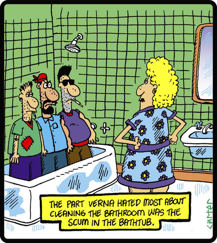 Cartoon: Bath Scum (medium) by cartertoons tagged cleaning,bathroom,tub,bath,scum,criminals,vagrants,dirt,cleaning,bathroom,tub,bath,scum,criminals,vagrants,dirt