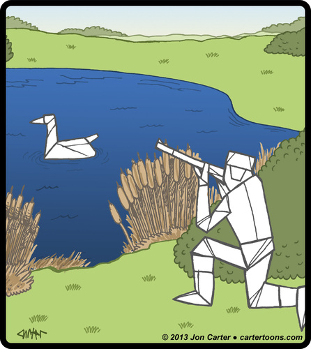 Cartoon: Origami Hunter (medium) by cartertoons tagged origami,hunters,hunting,game,paper,swan,duck,wildlife,recreation,surreal,origami,hunters,hunting,game,paper,swan,duck,wildlife,recreation,surreal