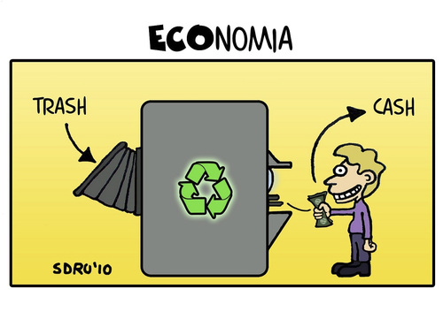Cartoon: ECOnomy (medium) by sdrummelo tagged recycling,trash,bin,cash,money,business,education,ecology,environment,economy