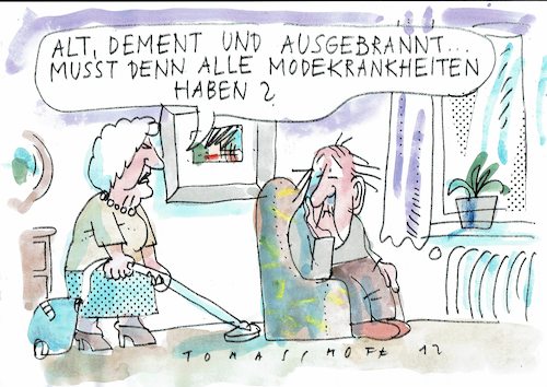 Cartoon: alt dement ausgebrannt (medium) by Jan Tomaschoff tagged modekrankheiten,burnout,demenz,modekrankheiten,burnout,demenz