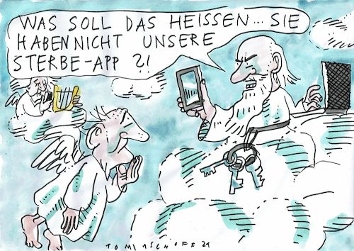 Cartoon: App (medium) by Jan Tomaschoff tagged himmel,tod,digitalisierung,himmel,tod,digitalisierung