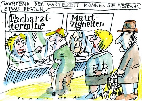 Cartoon: Arzttermine (medium) by Jan Tomaschoff tagged arzttermine,maut,arzttermine,maut