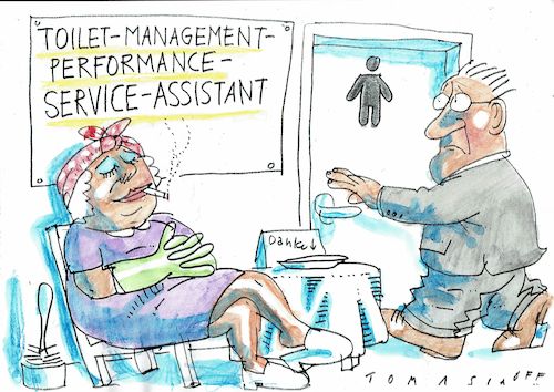 Cartoon: Assistentin (medium) by Jan Tomaschoff tagged titel,hierarchie,toilette,titel,hierarchie,toilette