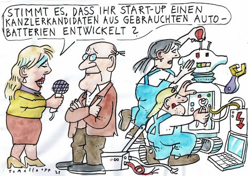 Cartoon: Autobatterien (medium) by Jan Tomaschoff tagged auto,batterien,recycling,frage,auto,batterien,recycling,frage
