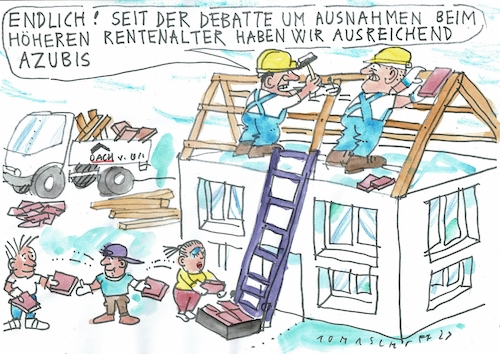 Cartoon: Azubis (medium) by Jan Tomaschoff tagged rentenalter,dachdecker,fachkräfte,azubis,rentenalter,dachdecker,fachkräfte,azubis