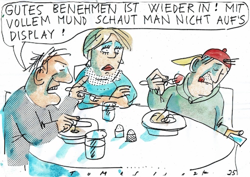 Cartoon: Benehmen (medium) by Jan Tomaschoff tagged handy,internet,familie,kommunikation,tischsitten,handy,internet,familie,kommunikation,tischsitten