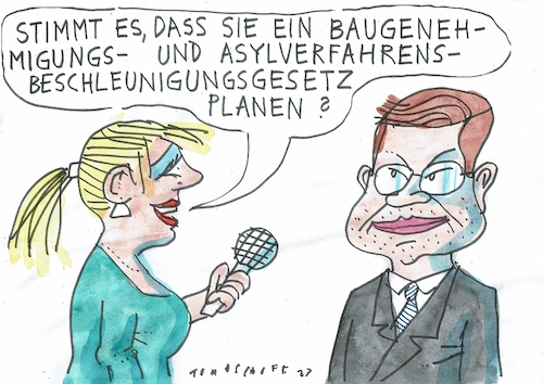 Cartoon: Beschleunigung (medium) by Jan Tomaschoff tagged bau,wohnungsnot,genehmigung,bürokratie,asyl,bau,wohnungsnot,genehmigung,bürokratie,asyl
