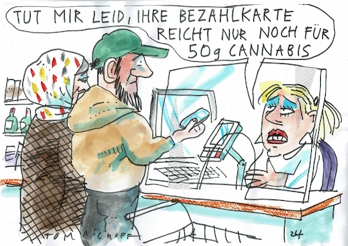 Cartoon: Bezahlkerte (medium) by Jan Tomaschoff tagged migration,bezahlkarte,cannabis,migration,bezahlkarte,cannabis