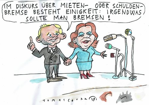 Cartoon: Bremse (medium) by Jan Tomaschoff tagged koalition,grüne,fdp,mieten,schulden,koalition,grüne,fdp,mieten,schulden