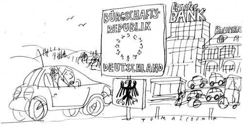 Cartoon: Bürgschaftsrepublik Deutschland (medium) by Jan Tomaschoff tagged wirtschaftskrise,rettungspaket,bürgschaft,staatsverschuldung