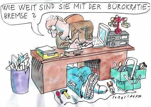 Cartoon: Bürokratie (medium) by Jan Tomaschoff tagged bürokratie,abbau,bremse,bürokratie,abbau,bremse