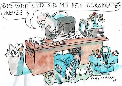 Cartoon: Bürokratiebremse (medium) by Jan Tomaschoff tagged bürokratie,abbau,verwaltung,bürokratie,abbau,verwaltung