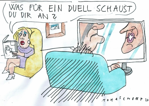 Cartoon: Duell (medium) by Jan Tomaschoff tagged scholz,merz,tv,duell,wahlen,scholz,merz,tv,duell,wahlen