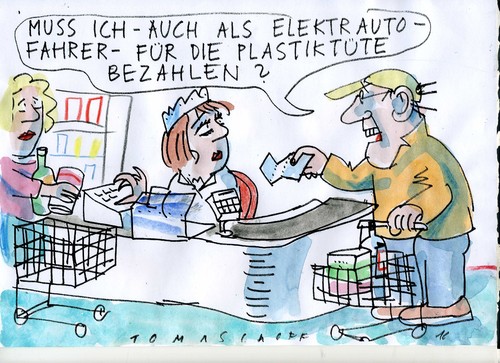 Cartoon: Elektroauto (medium) by Jan Tomaschoff tagged elektroauto,umwelt,plastiktüten,elektroauto,umwelt,plastiktüten