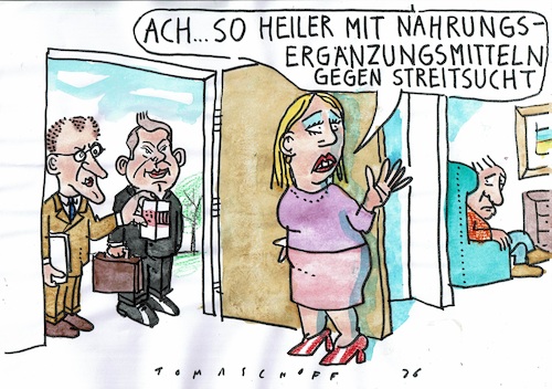 Cartoon: Ergänzung (medium) by Jan Tomaschoff tagged cdu,spd,merz,klingbeil,koalition,streit,cdu,spd,merz,klingbeil,koalition,streit