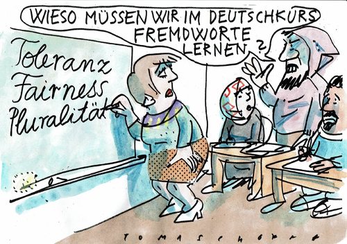 Cartoon: Fremdworte (medium) by Jan Tomaschoff tagged intergration,eigen,fremd,intergration,eigen,fremd