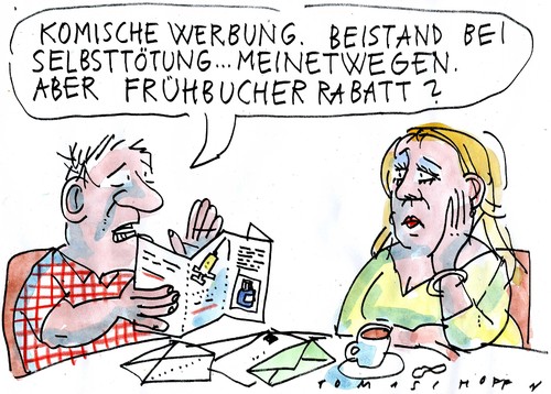 Cartoon: Frühbucher (medium) by Jan Tomaschoff tagged sterbehilfe,sterbehilfe