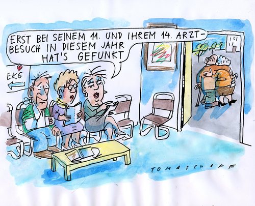 Cartoon: gefunkt (medium) by Jan Tomaschoff tagged arzt,artzbesuch,krankenkasse,liebe,arzt,artzbesuch,krankenkasse,liebe,praxis,patient,patienten,alter
