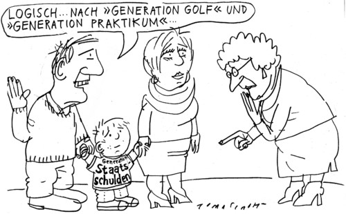 Cartoon: Generationen (medium) by Jan Tomaschoff tagged generationen,staatsschulden,zinsen,zinseszins,generationen,staatsschulden,zinsen,zinseszins