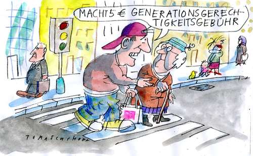 Cartoon: Generationengerechtigkeit (medium) by Jan Tomaschoff tagged rentner,jugend,generationen,alterspyramide,demographie