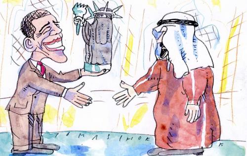 Cartoon: Gift (medium) by Jan Tomaschoff tagged obama,usa,nahost,islam,barack obama,usa,amerika,präsdient,islam,nahost,freiheitsstatue,liberty,frieden,abkommen,vermummen,barack,obama