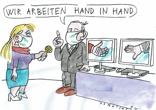 Cartoon: Hand in Hand (medium) by Jan Tomaschoff tagged corona,kontakt,abstand,digitalisierung,hand,corona,kontakt,abstand,digitalisierung